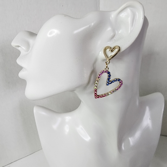 Gold and Multi Color Crystal Heart Drop Earrings - Picture 5 of 6